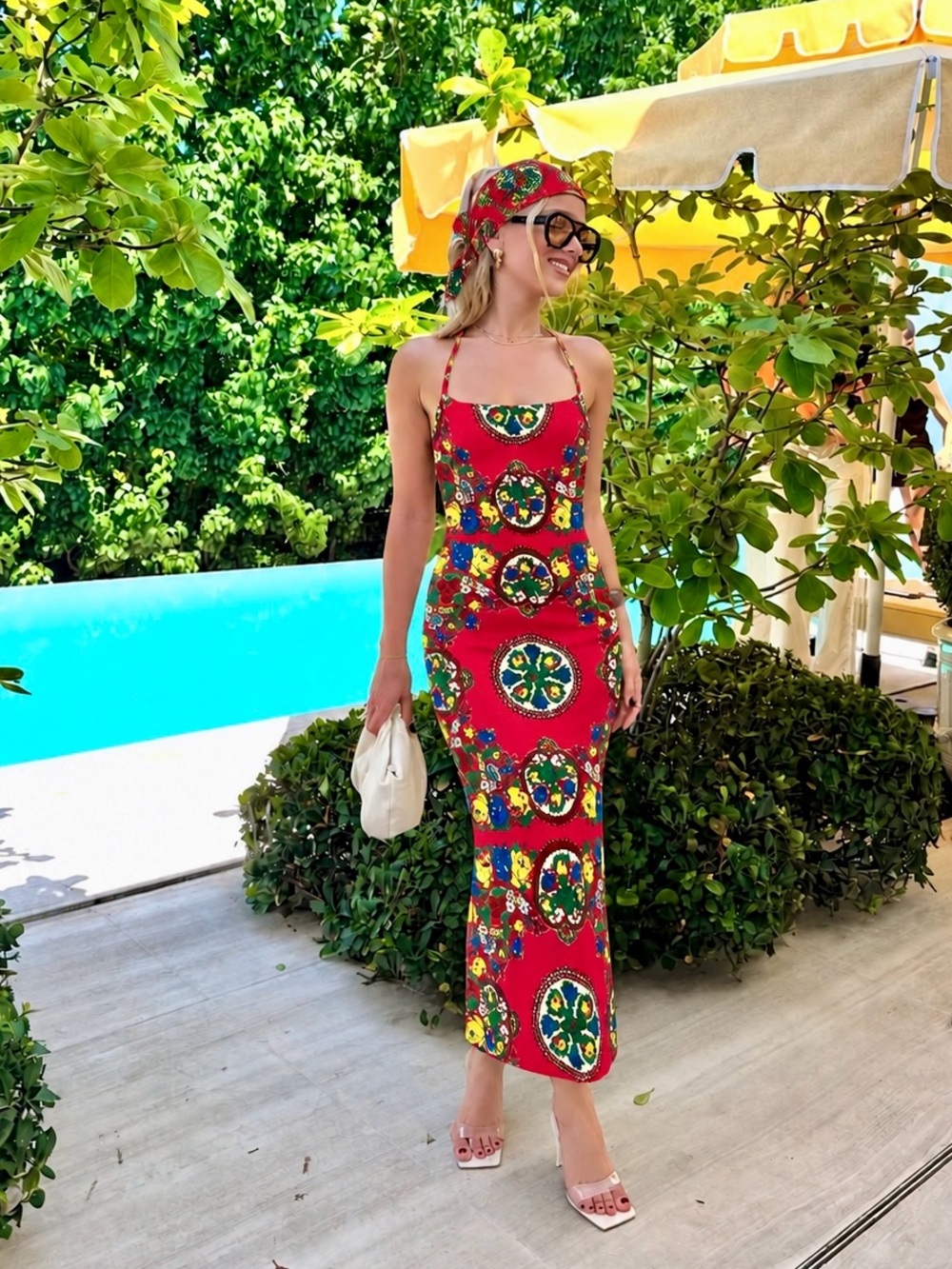 CARA CARA Dria Criss Cross Midi Slit Dress Fuchsia Floral Topiary